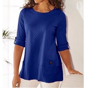 Soft Surroundings Coastal 100% Cotton Blue Top Blouse 3/4 Sleeve Tap Tunic Sz XL